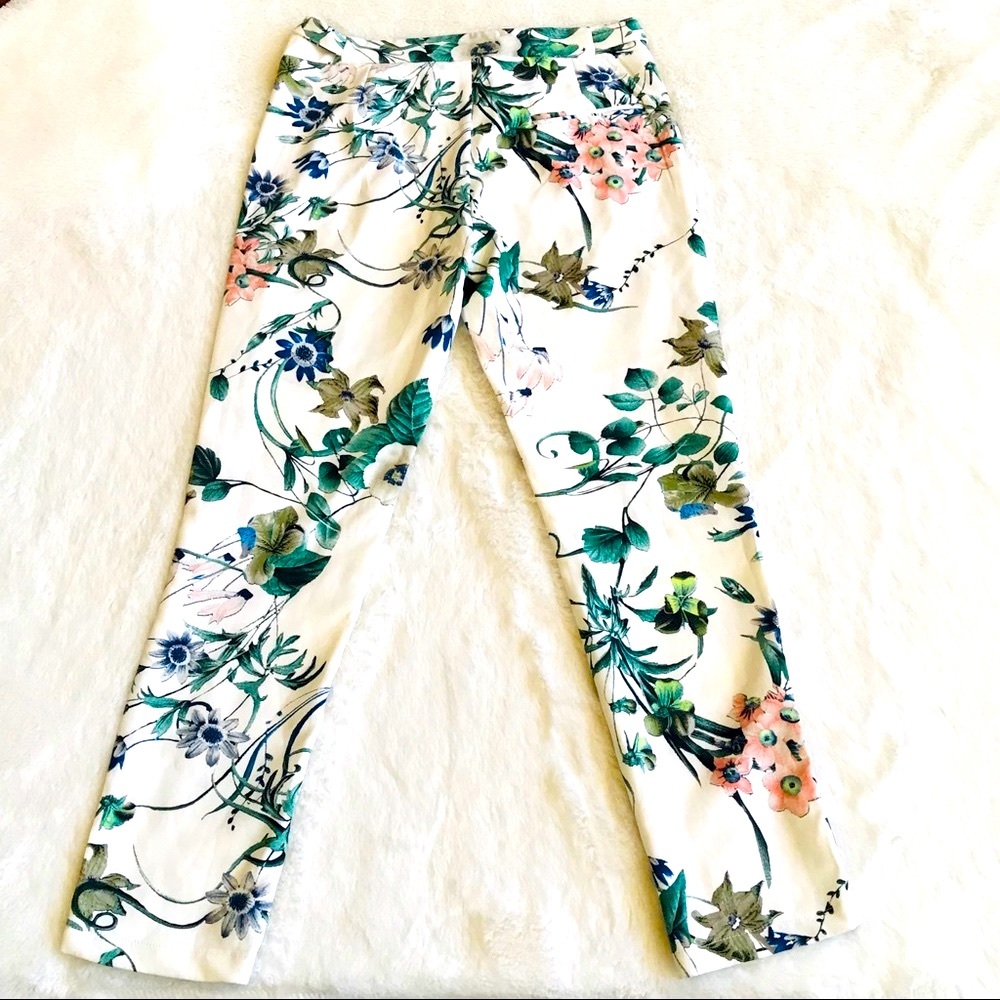ANTHROPOLOGIE GRIFFLIN PARIS CAPRI PANTS S FLORAL WHITE GREEN PINK NWOT